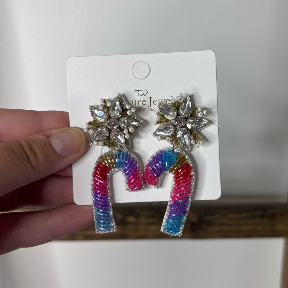 Treasure Jewels Beaded Candycane Multicolor  Earrings